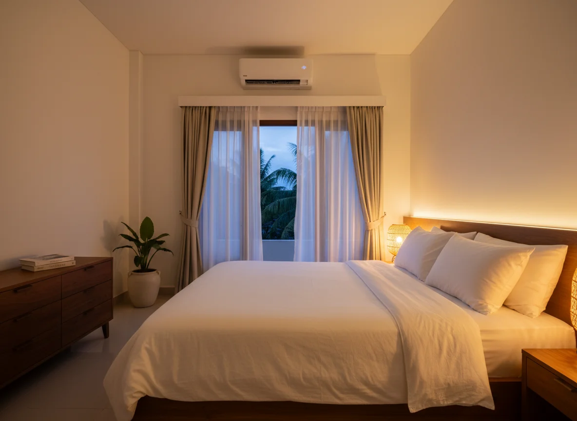 AC terpasang rapi di kamar tidur modern