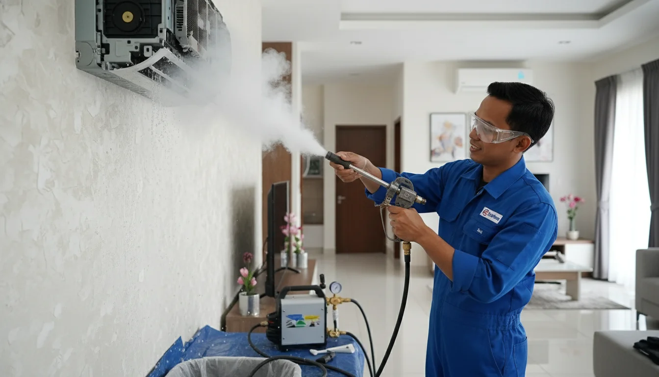 Teknisi deep clean AC menggunakan steam bertekanan tinggi di Manado