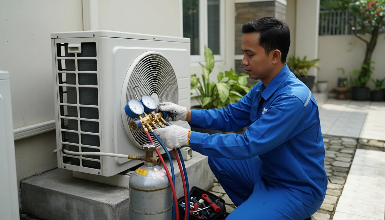 Teknisi mengisi freon AC di Manado