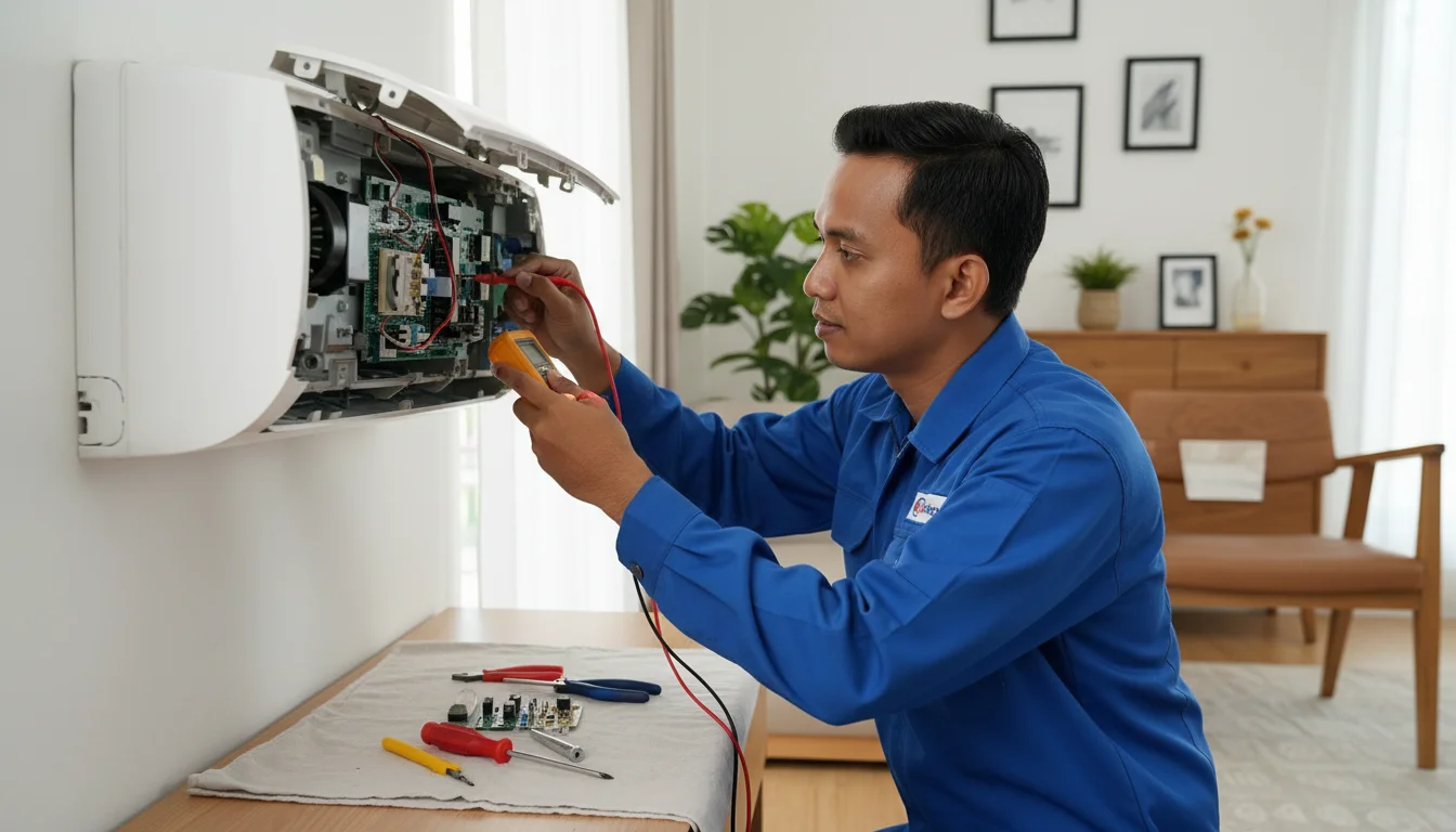 Teknisi memperbaiki AC di Manado