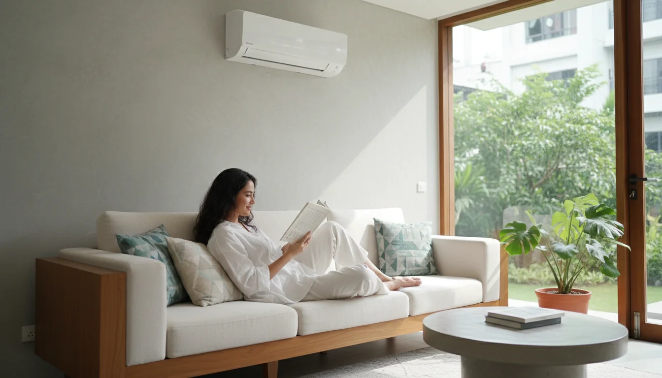 Wanita menikmati udara segar dari AC bersih